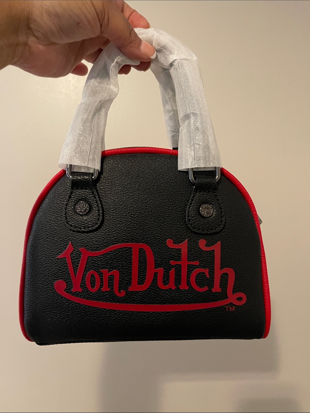 Von Dutch Black and Red Logo Dome Satchel